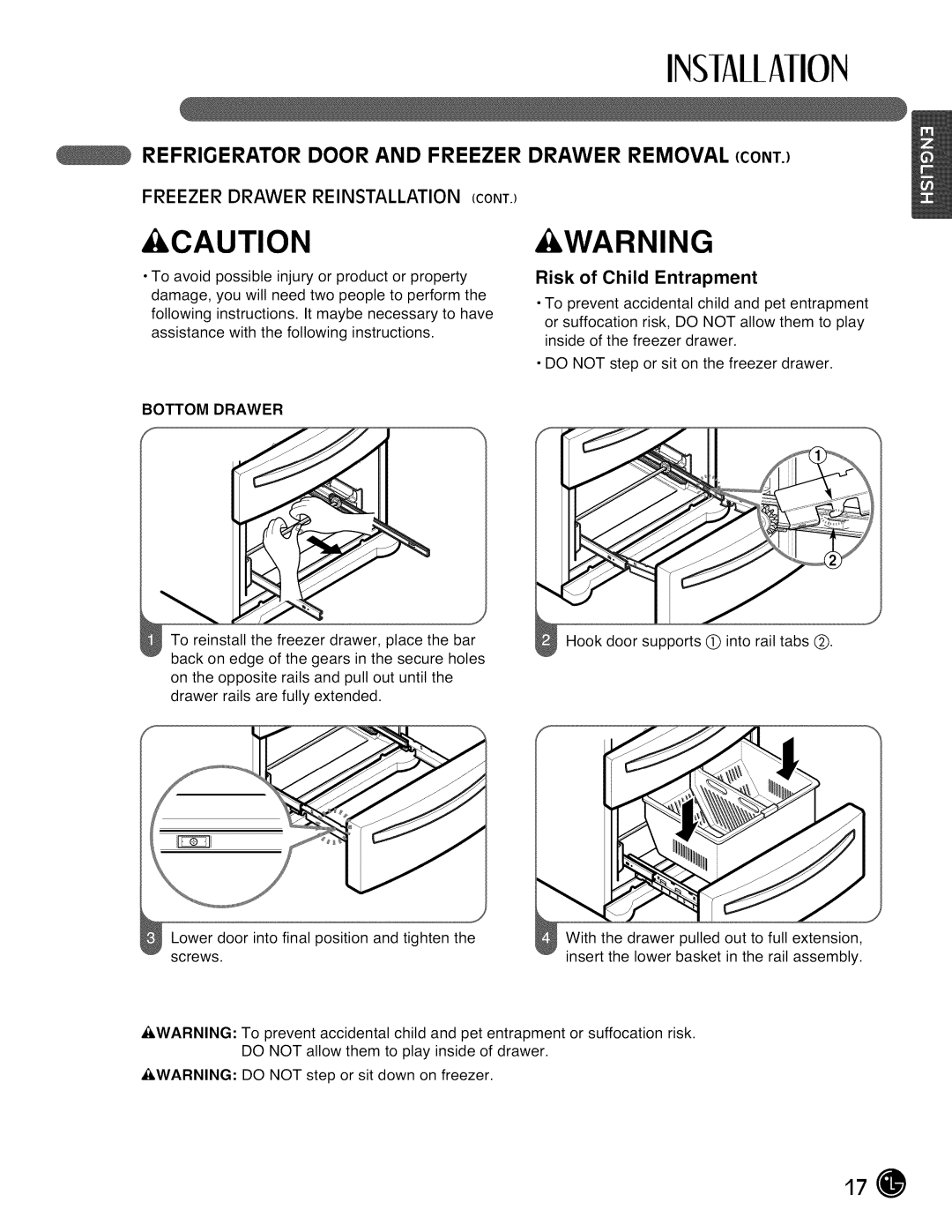 LG Electronics LMX28988 manual Freezer Drawer Reinstallation Cont, INSIAllAIION, Caution&Warning, Risk of Child Entrapment 
