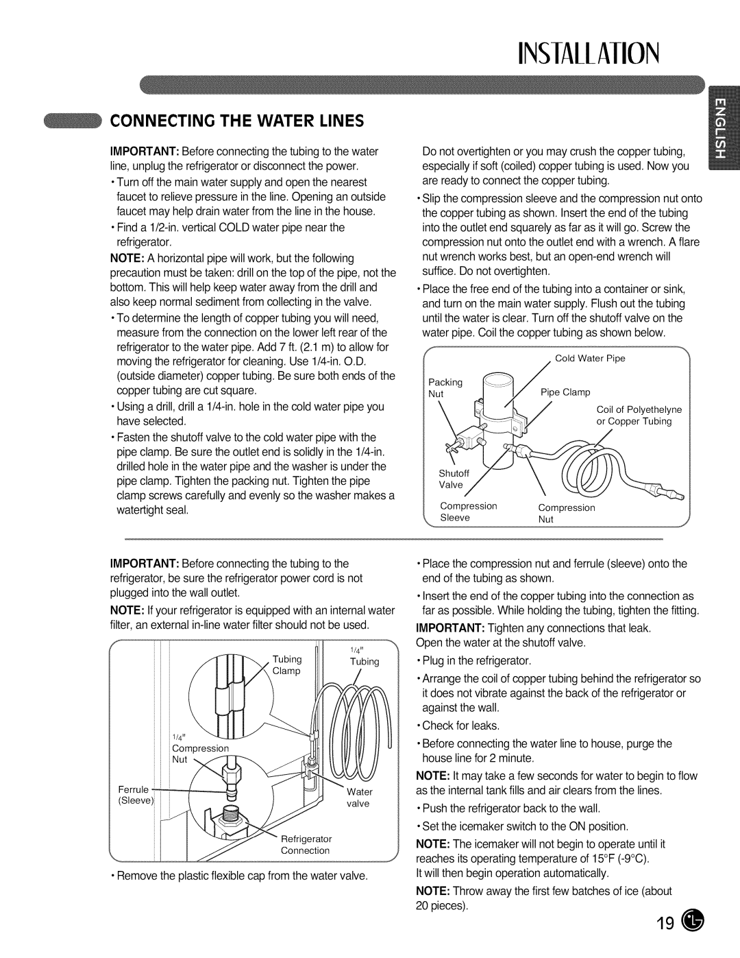 LG Electronics LMX28988 manual Connecting The Water Lines, INSIAllAIION 