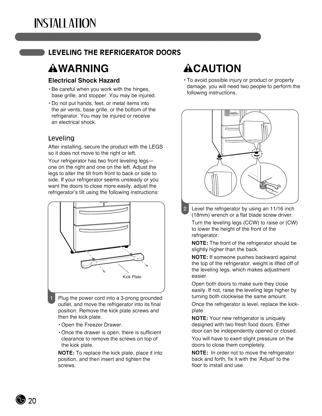 LG Electronics LMX28988 manual Leveling The Refrigerator Doors, INSIAllAIION, Warning, Caution, Electrical Shock Hazard 