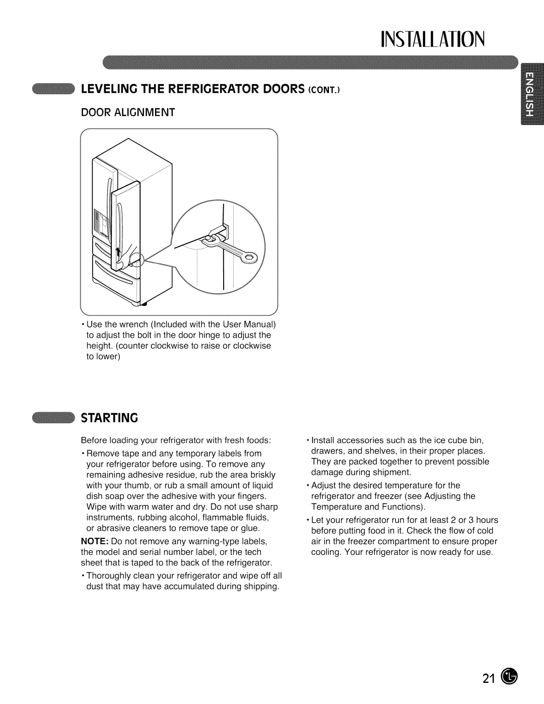 LG Electronics LMX28988 manual Leveling The Refrigerator Doors Cont, Starting, Door Alignment, INSIAllAIION 