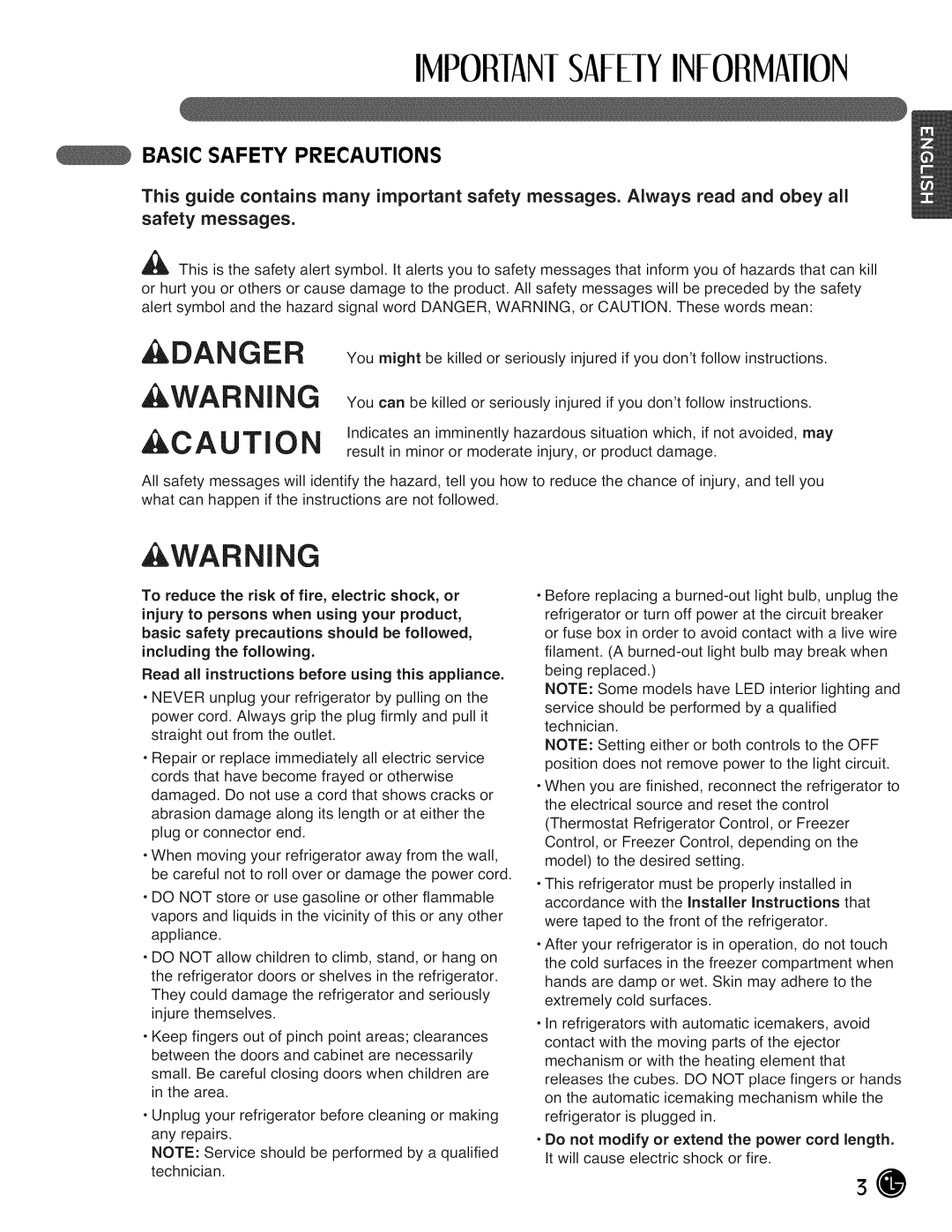 LG Electronics LMX28988 manual IMPORIAN!SAFELYINFORMAIlON, Danger, Caution, Basic Safety Precautions 