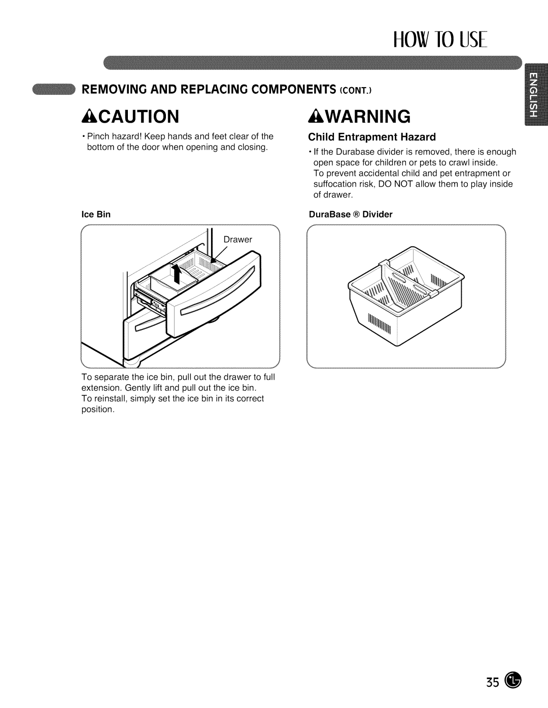 LG Electronics LMX28988 manual Child Entrapment Hazard, Ice Bin, DuraBase Divider, ttOW10 USE, Caution, Warning 