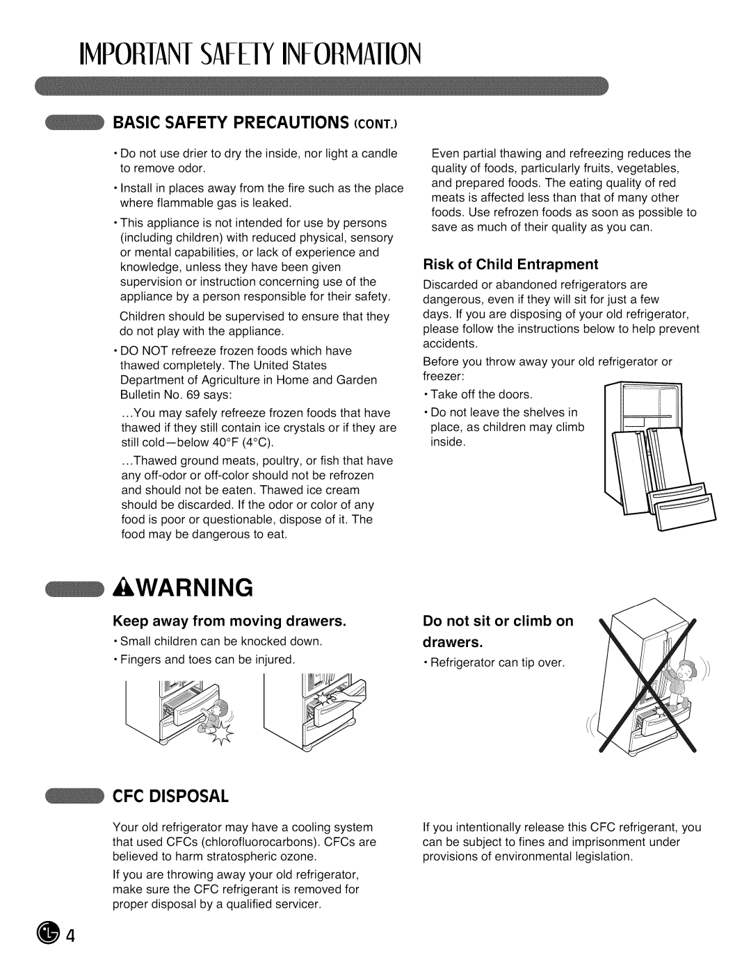 LG Electronics LMX28988 Imporian!Safelyinformation, Warning, Basic Safety Precautions Cont, Cfc Disposal, Keep, drawers 