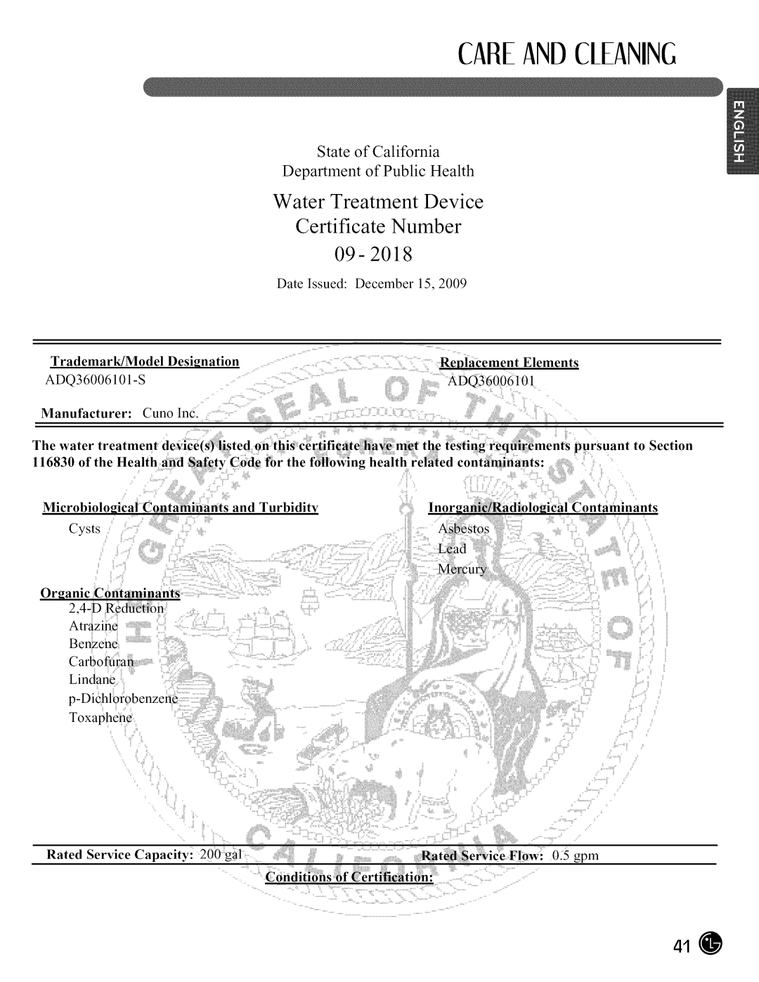 LG Electronics LMX28988 State of California Department of Public Health, Careandcleaning, Trademark/Model, Designation 
