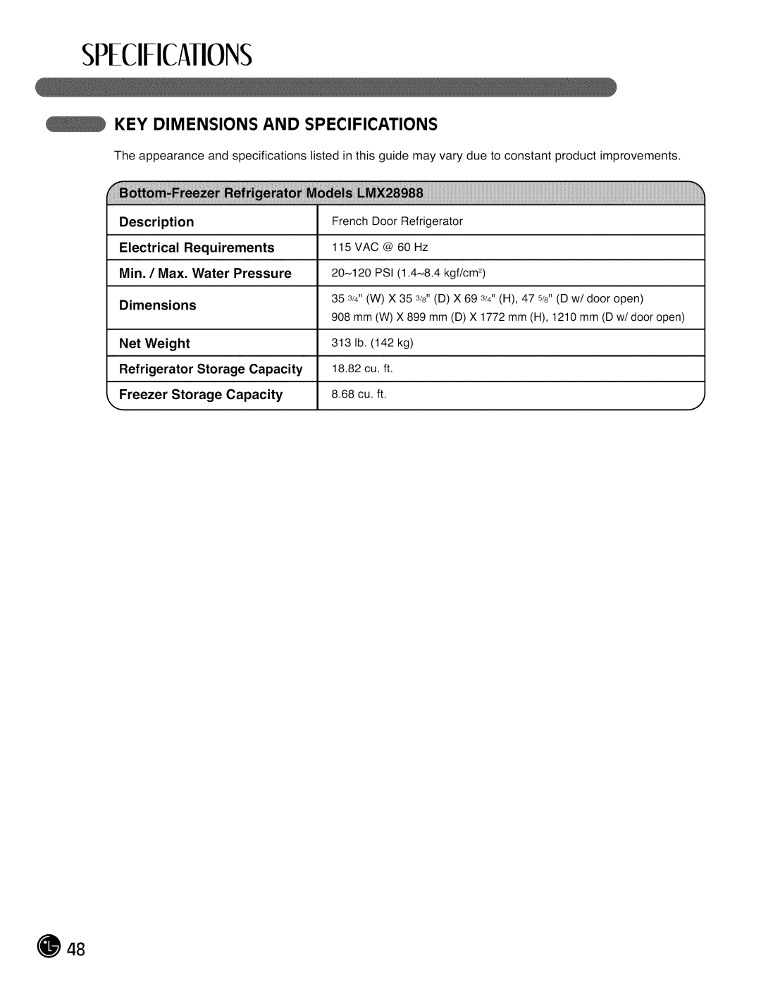 LG Electronics LMX28988 manual Specificaiions, Key Dimensions And Specifications 