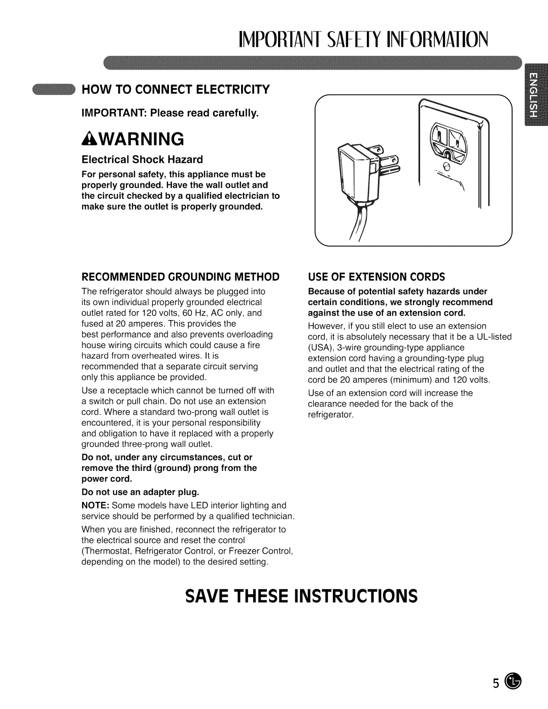 LG Electronics LMX28988 Save These Instructions, How To Connect Electricity, IMPORTANT: Please read carefully, Warning 