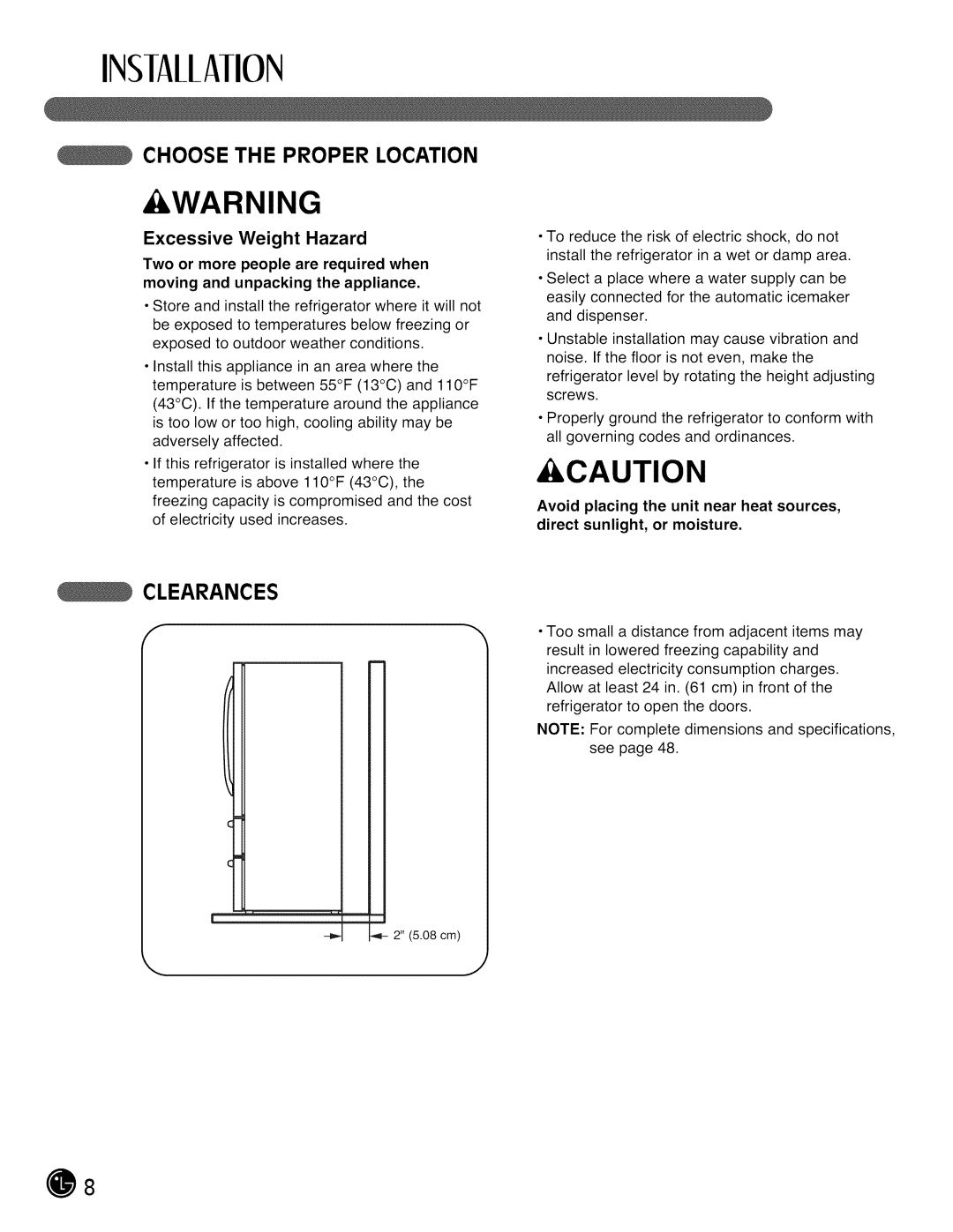 LG Electronics LMX28988 INSIAllAIION, Caution, Choose The Proper Location, Clearances, Excessive Weight Hazard, Warning 