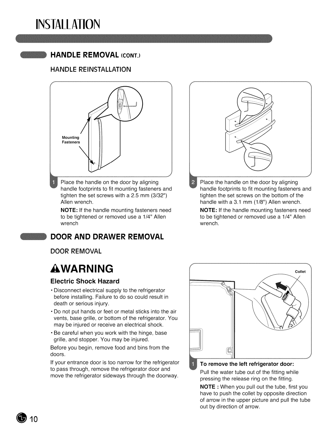 LG Electronics LMX28G83 manual Door and Drawer Removal, Electric Shock Hazard, To remove the left refrigerator door 