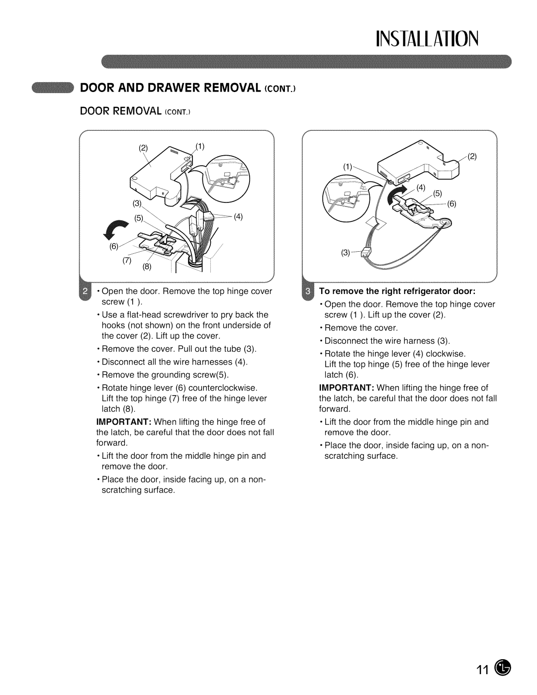 LG Electronics LMX28G83 manual To remove the right refrigerator door 