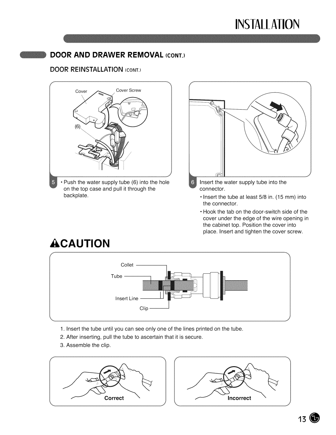 LG Electronics LMX28G83 manual Door Reinstallation, Correct Incorrect 