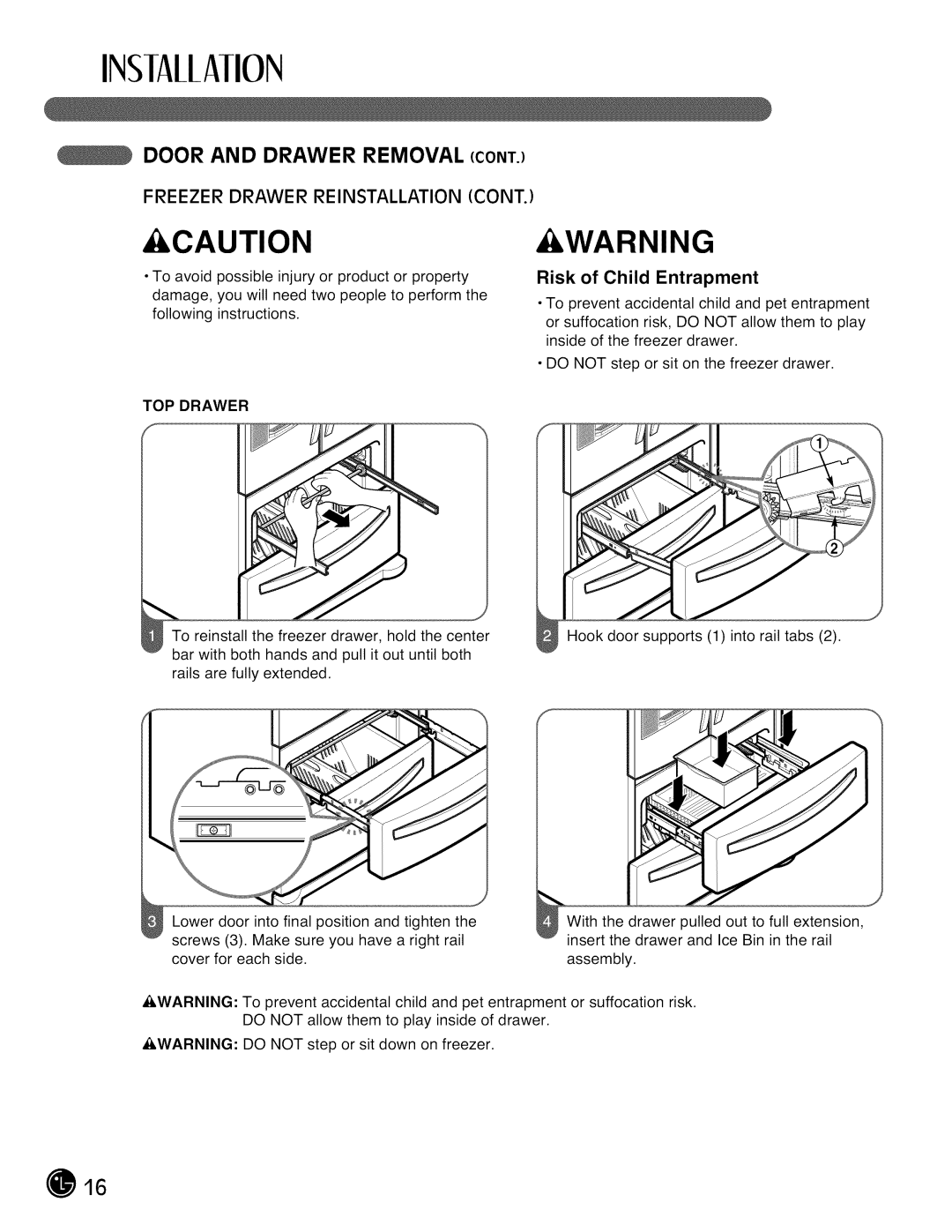 LG Electronics LMX28G83 manual Freezer Drawer Reinstallation, Risk of Child Entrapment, TOP Drawer 