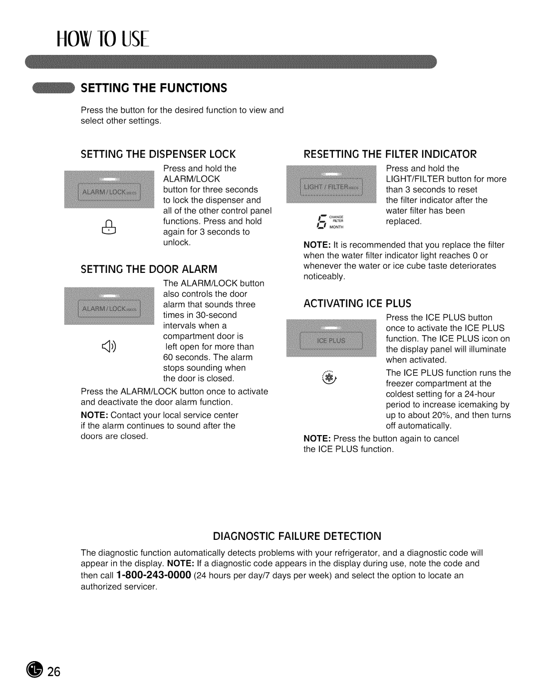 LG Electronics LMX28G83 manual Setting the Functions, Lock, Setting the Door Alarm, Activating ICE Plus 