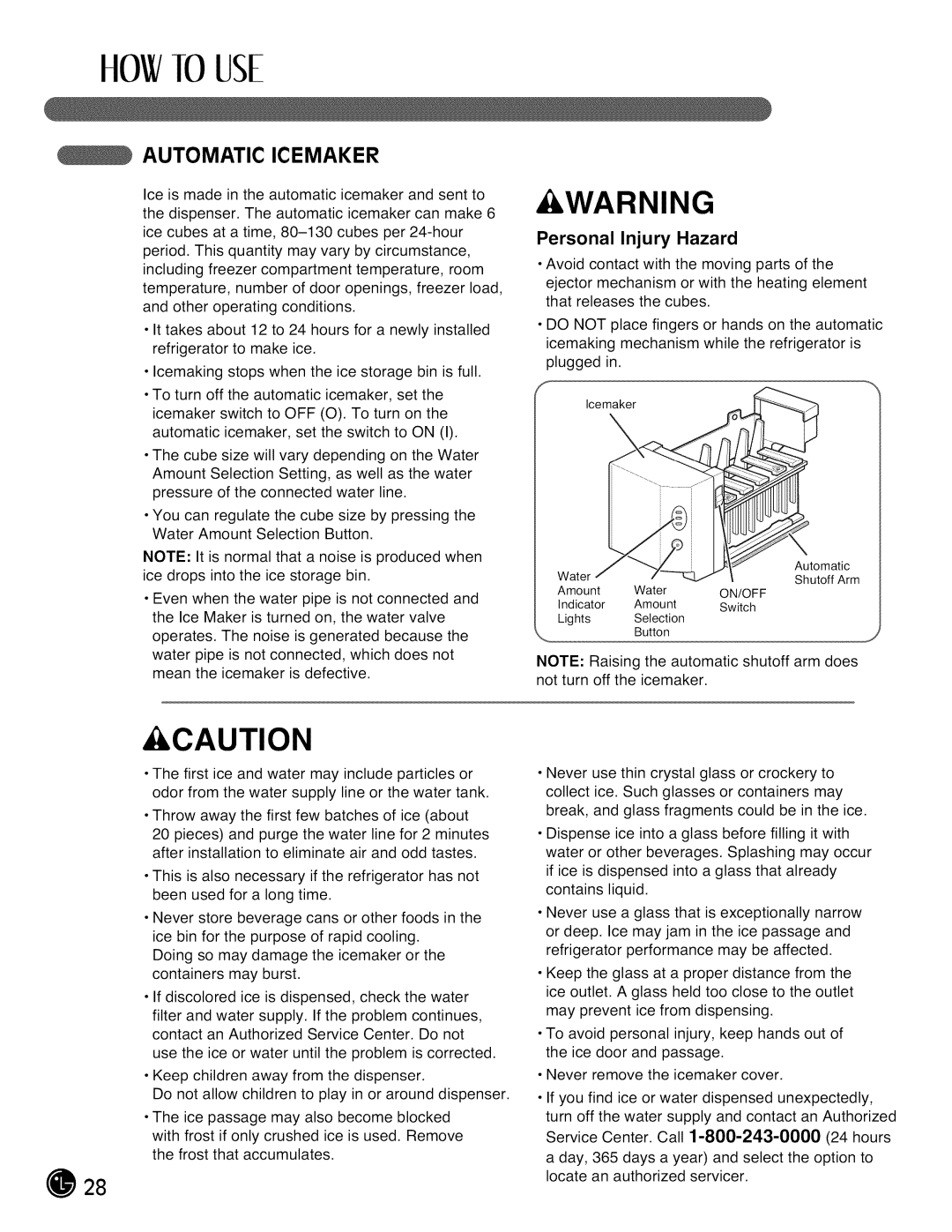 LG Electronics LMX28G83 manual Automatic Icemaker, Personal Injury Hazard 