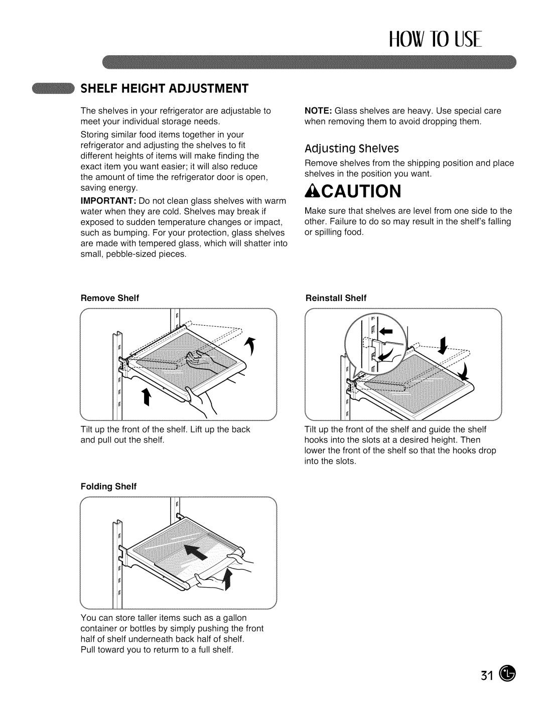 LG Electronics LMX28G83 manual Shelf Height Adjustment, Adjusting Shelves, Remove Shelf Reinstall Shelf, Folding Shelf 