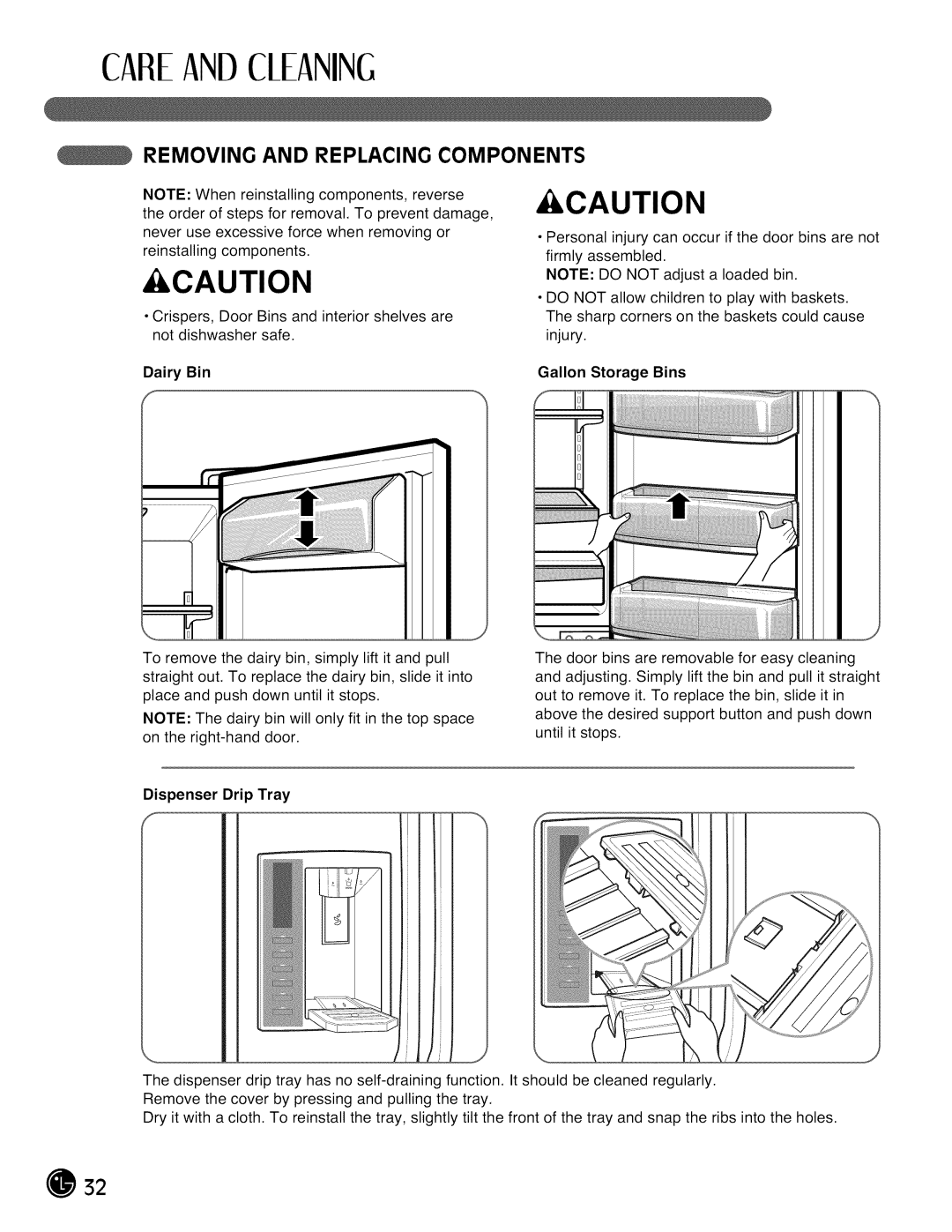 LG Electronics LMX28G83 manual Careandcleaning, Removing and Replacing Components, Dairy Bin Gallon Storage Bins 