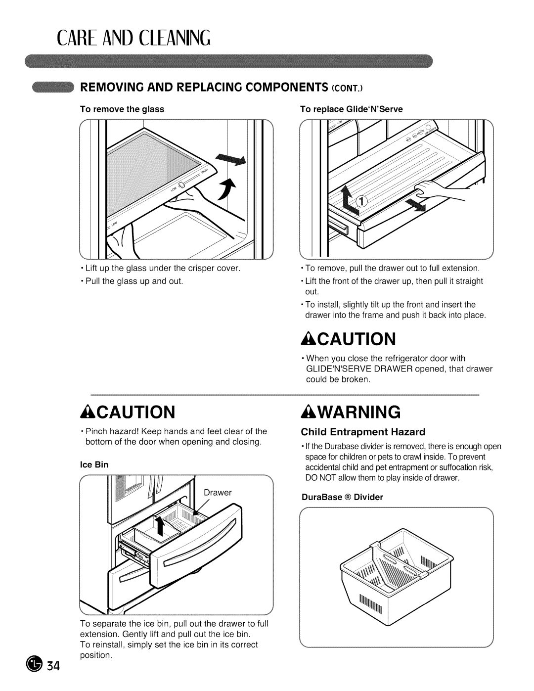 LG Electronics LMX28G83 manual Removing and Replacing Components ONT, Child Entrapment Hazard, Ice Bin, DuraBase Divider 