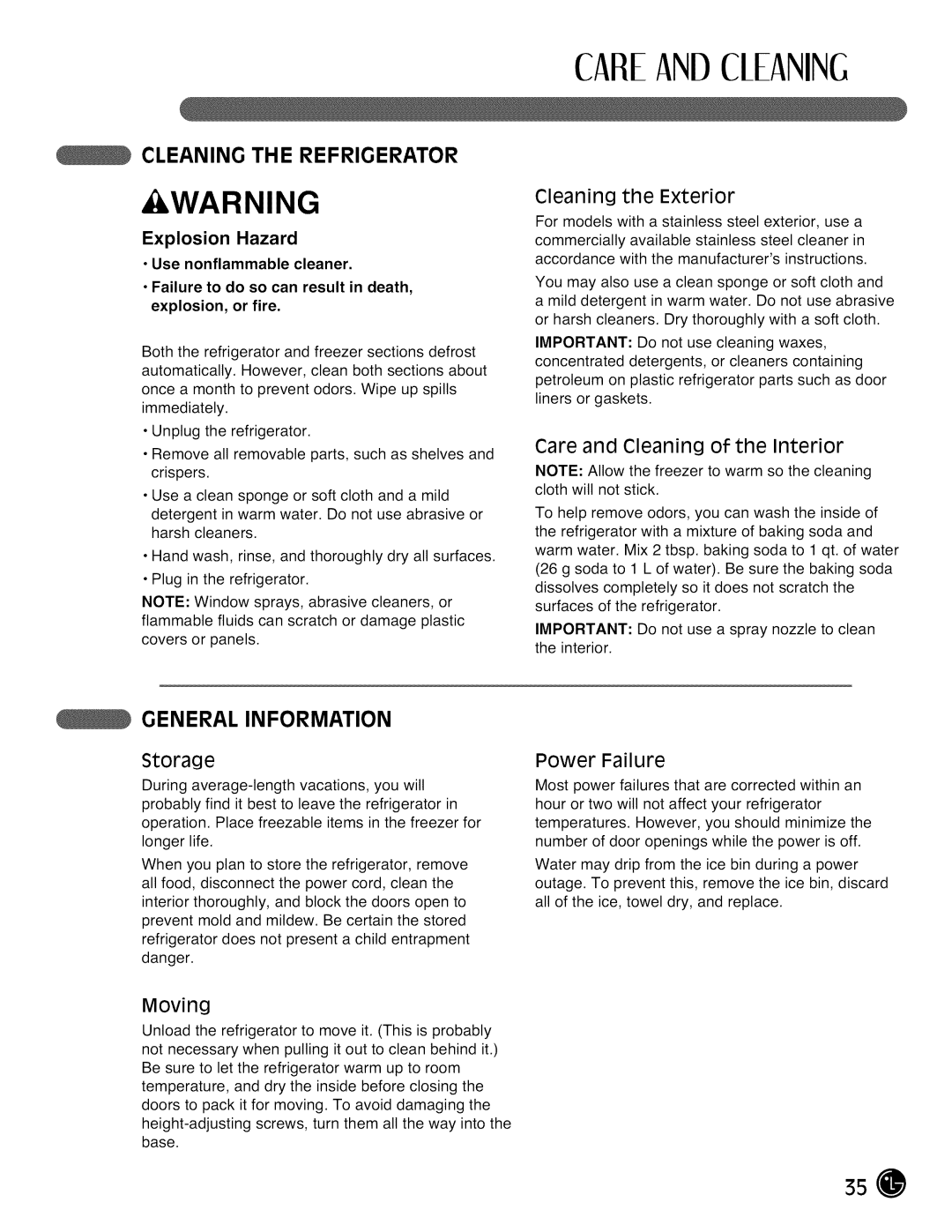 LG Electronics LMX28G83 manual Cleaning the Refrigerator, General Information, Explosion Hazard, Moving 