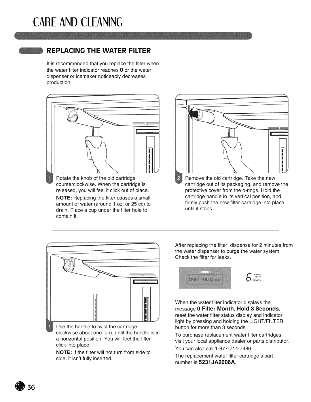 LG Electronics LMX28G83 manual Replacing the Water Filter 