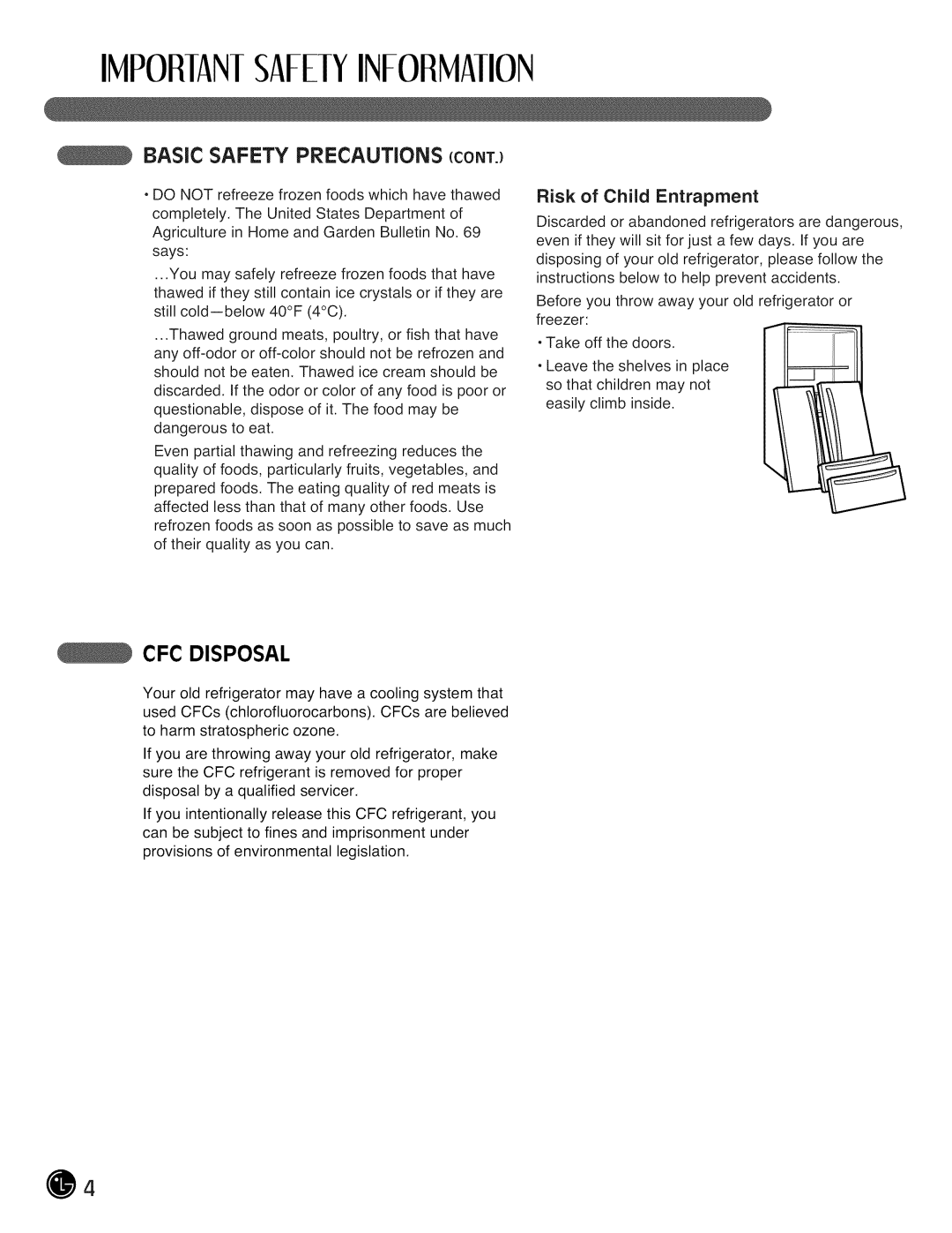 LG Electronics LMX28G83 manual CFC Disposal, Risk of Child Entrapment 