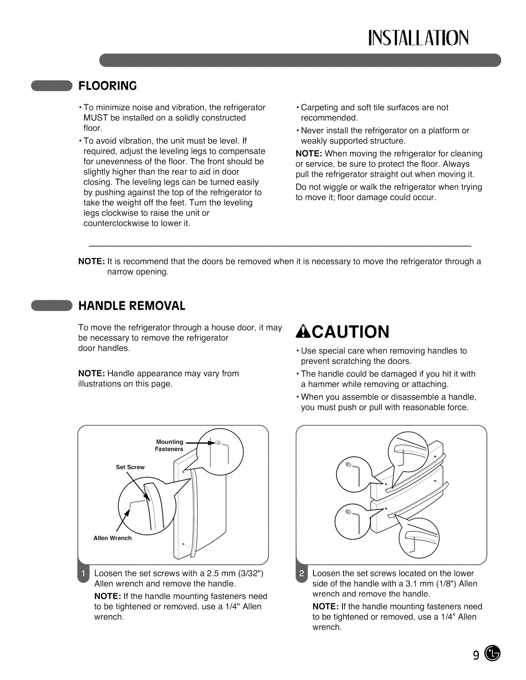 LG Electronics LMX28G83 manual Flooring, Handle Removal 