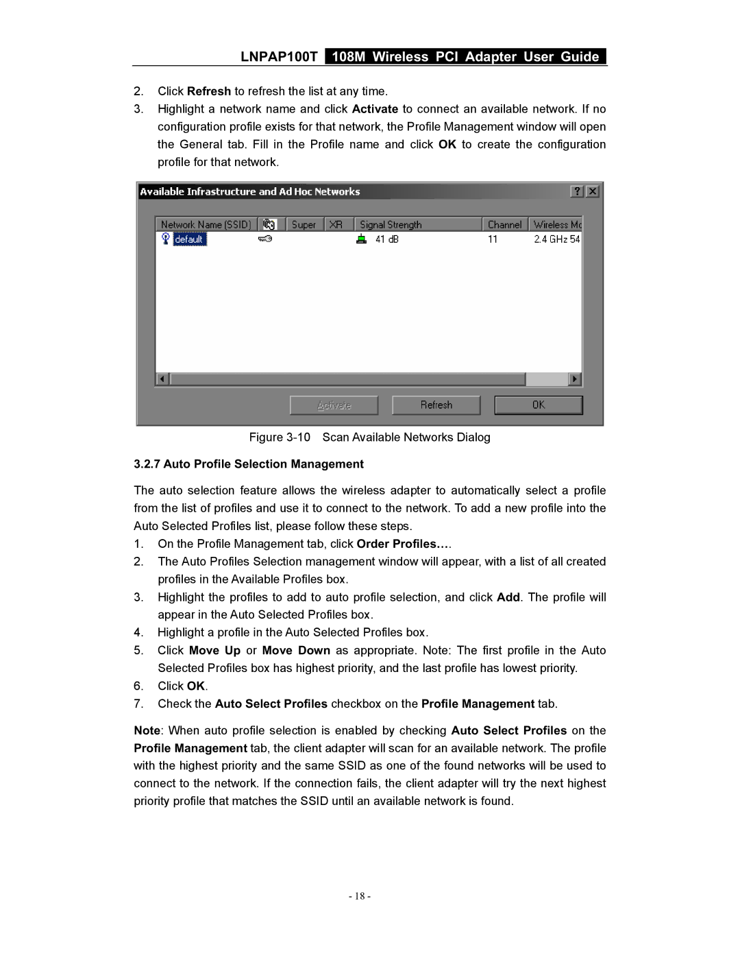 LG Electronics LNPAP100T manual Scan Available Networks Dialog, Auto Profile Selection Management 