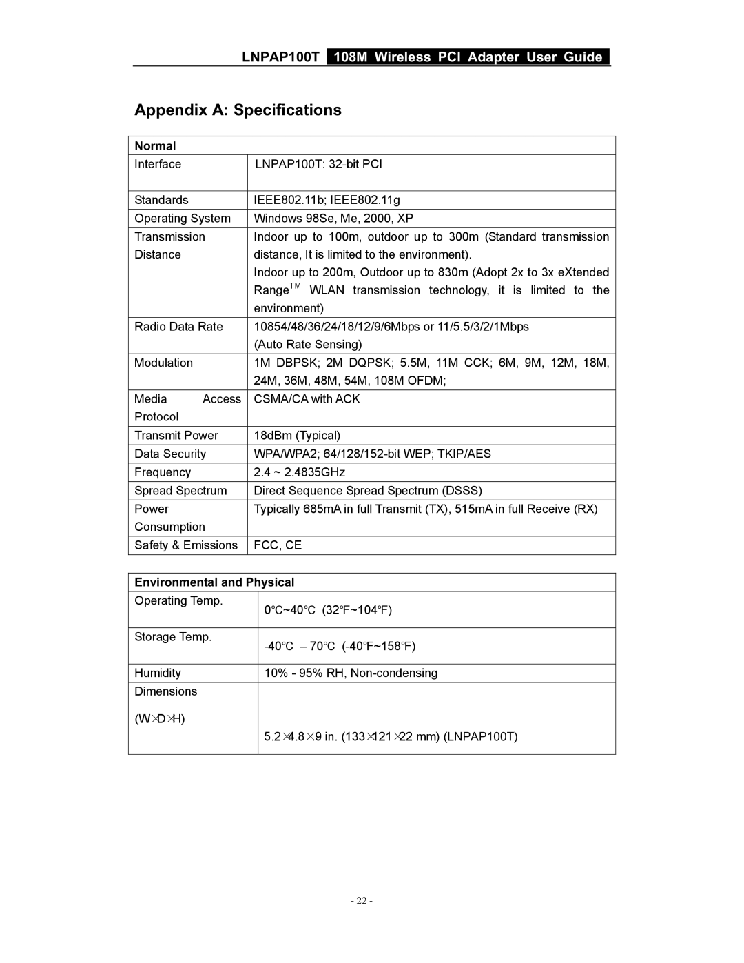 LG Electronics LNPAP100T manual Appendix a Specifications, Normal, Environmental and Physical 