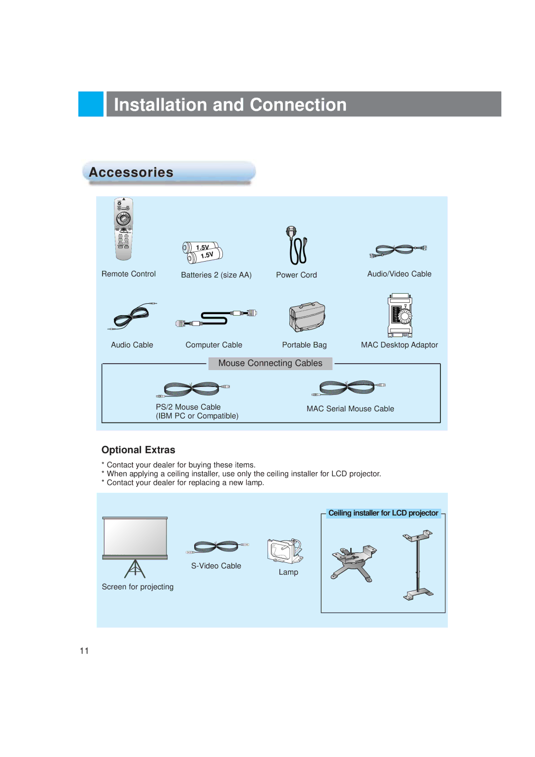 LG Electronics LP-XG2 owner manual Installation and Connection, Accessories, Mouse Connecting Cables 