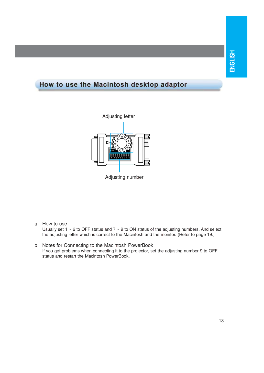 LG Electronics LP-XG2 owner manual How to use the Macintosh desktop adaptor, Adjusting letter Adjusting number How to use 