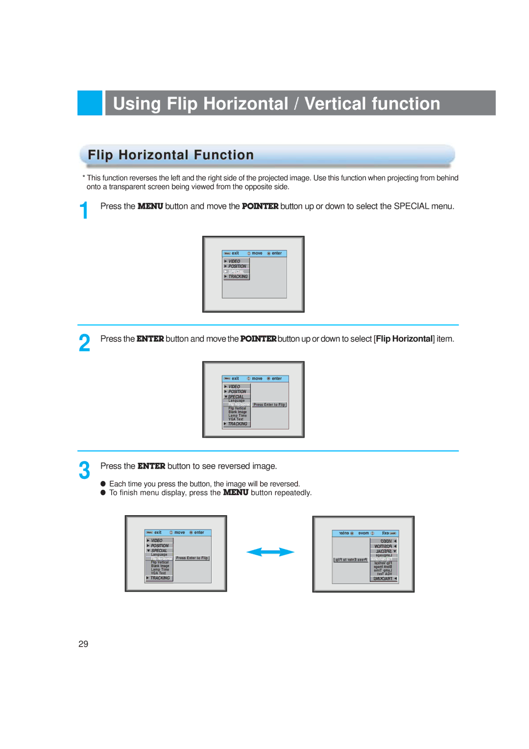 LG Electronics LP-XG2 owner manual Using Flip Horizontal / Vertical function, Flip Horizontal Function 