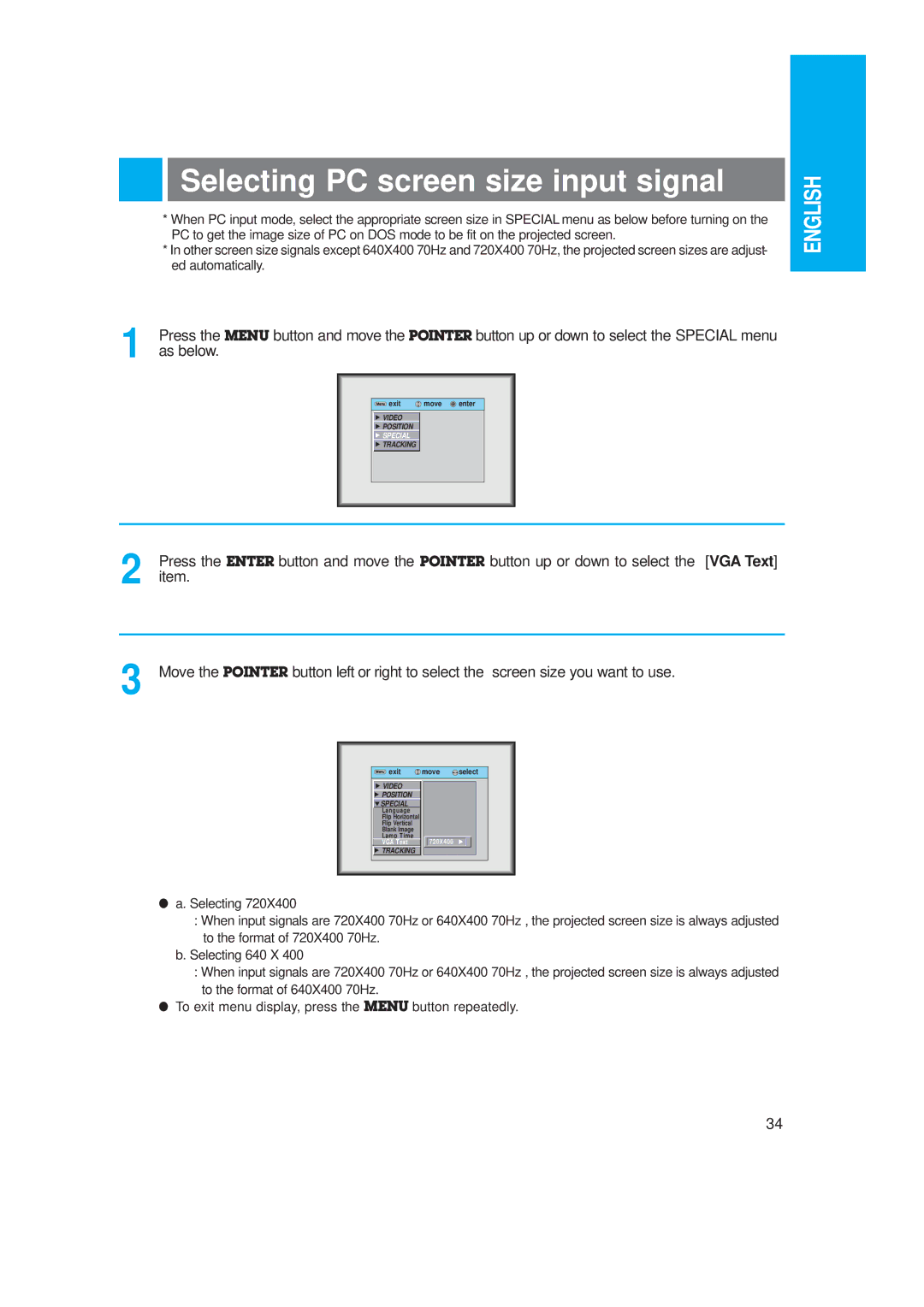 LG Electronics LP-XG2 owner manual Selecting PC screen size input signal 