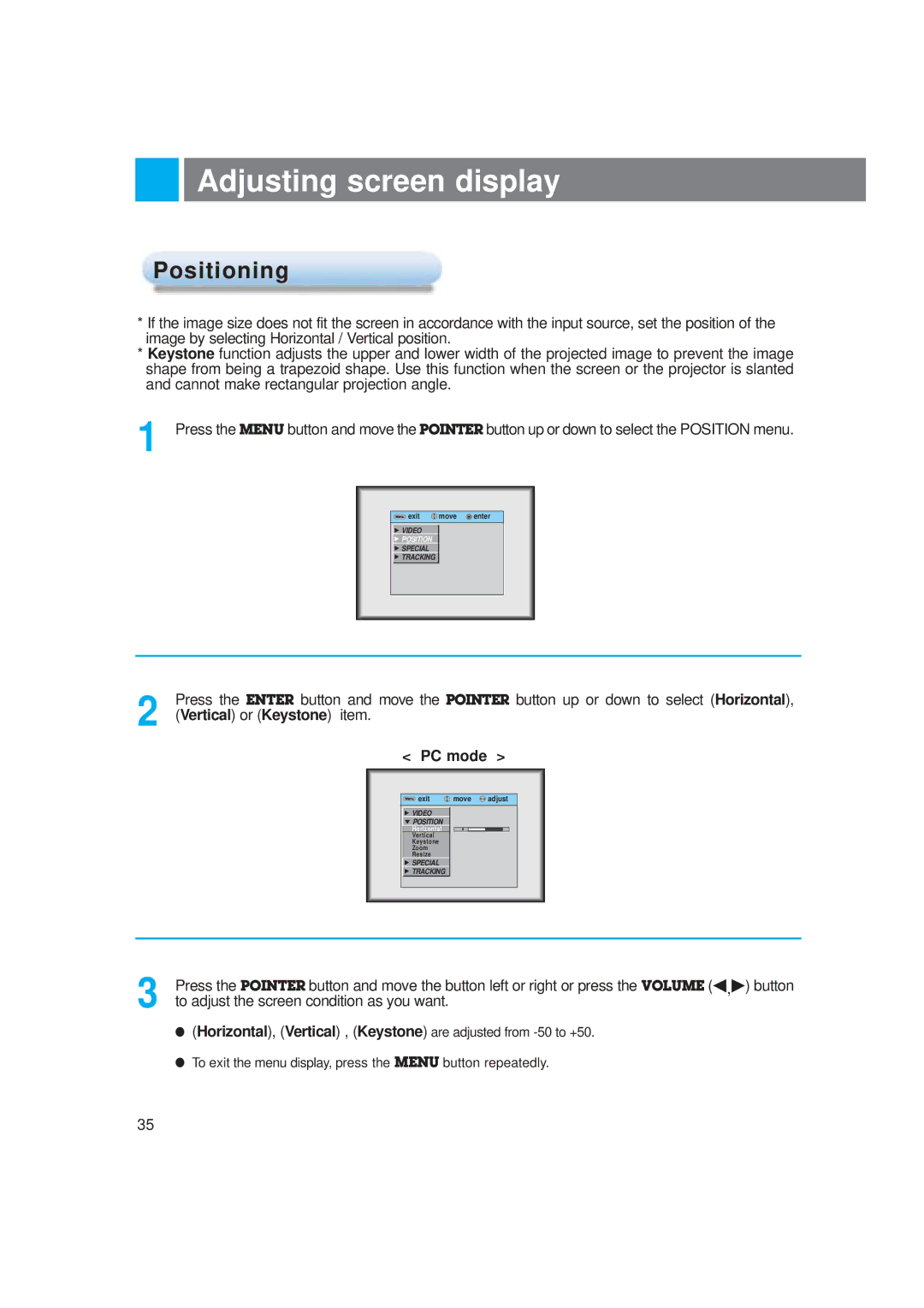 LG Electronics LP-XG2 owner manual Adjusting screen display, Positioning, To adjust the screen condition as you want 