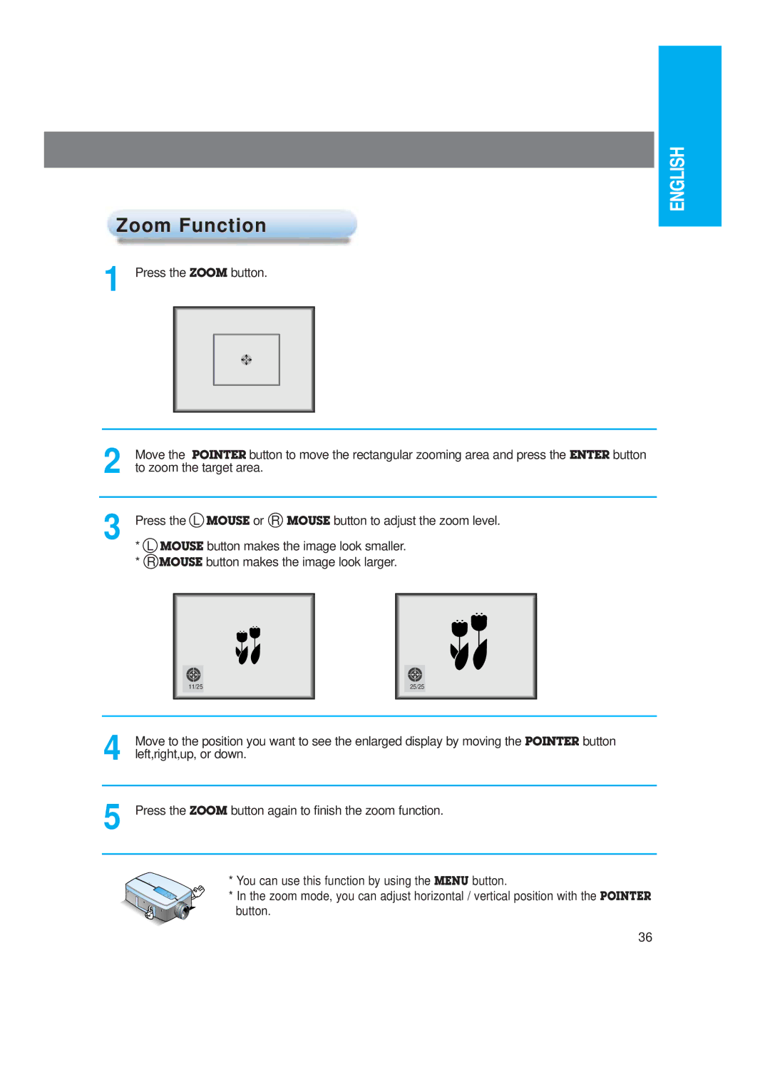 LG Electronics LP-XG2 Zoom Function, Left,right,up, or down, Press the Zoom button again to finish the zoom function 