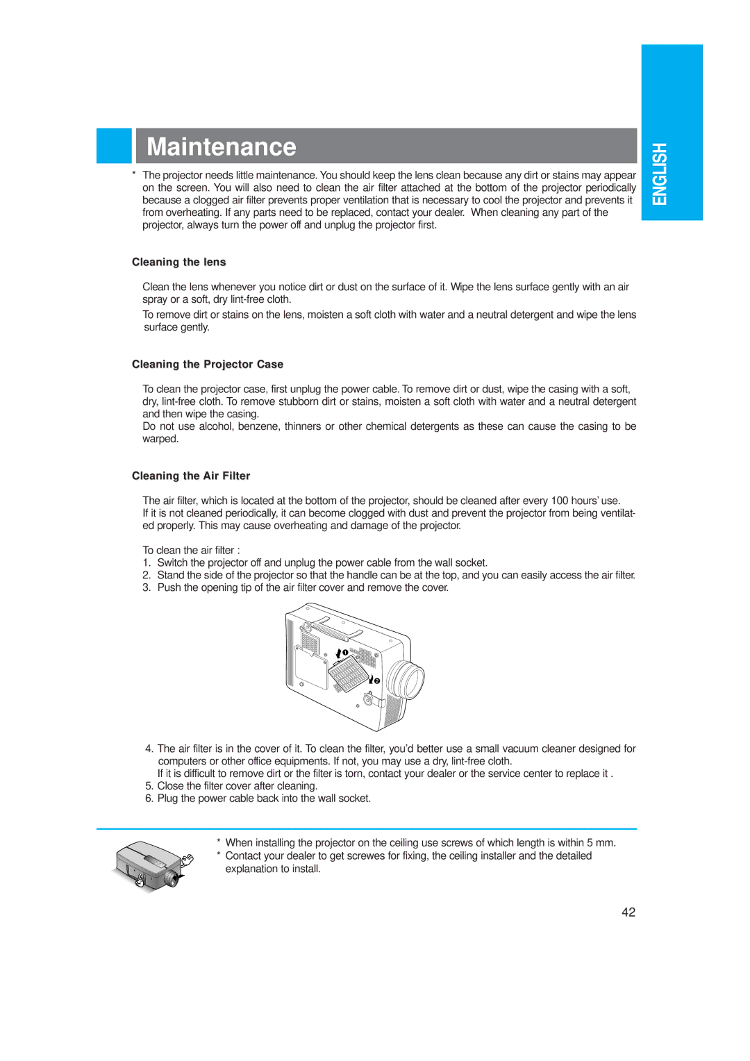 LG Electronics LP-XG2 owner manual Maintenance, Cleaning the lens 