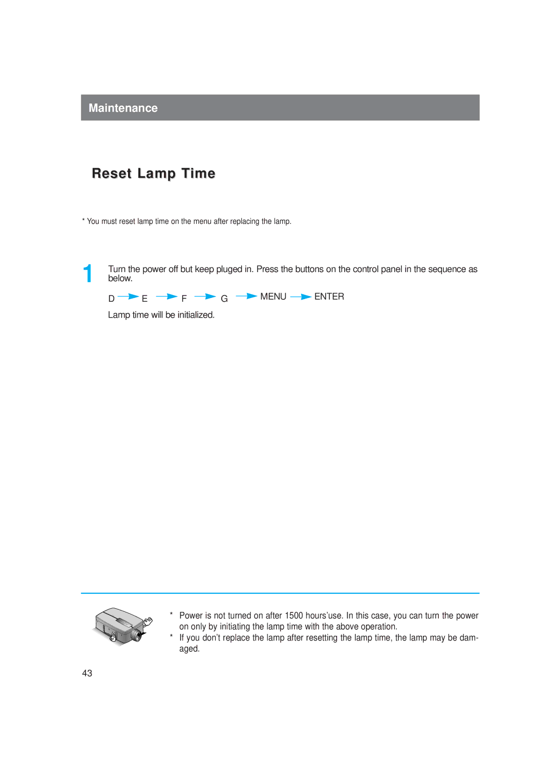 LG Electronics LP-XG2 owner manual Reset Lamp Time, Below 