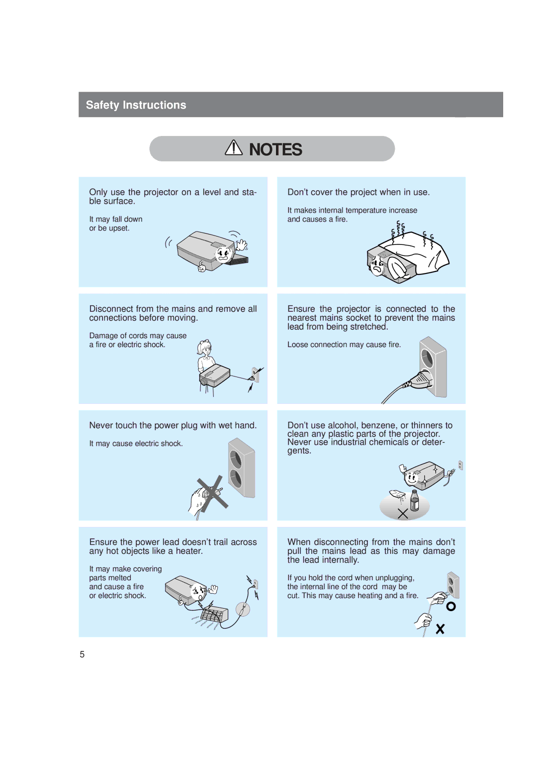 LG Electronics LP-XG2 Only use the projector on a level and sta- ble surface, Never touch the power plug with wet hand 