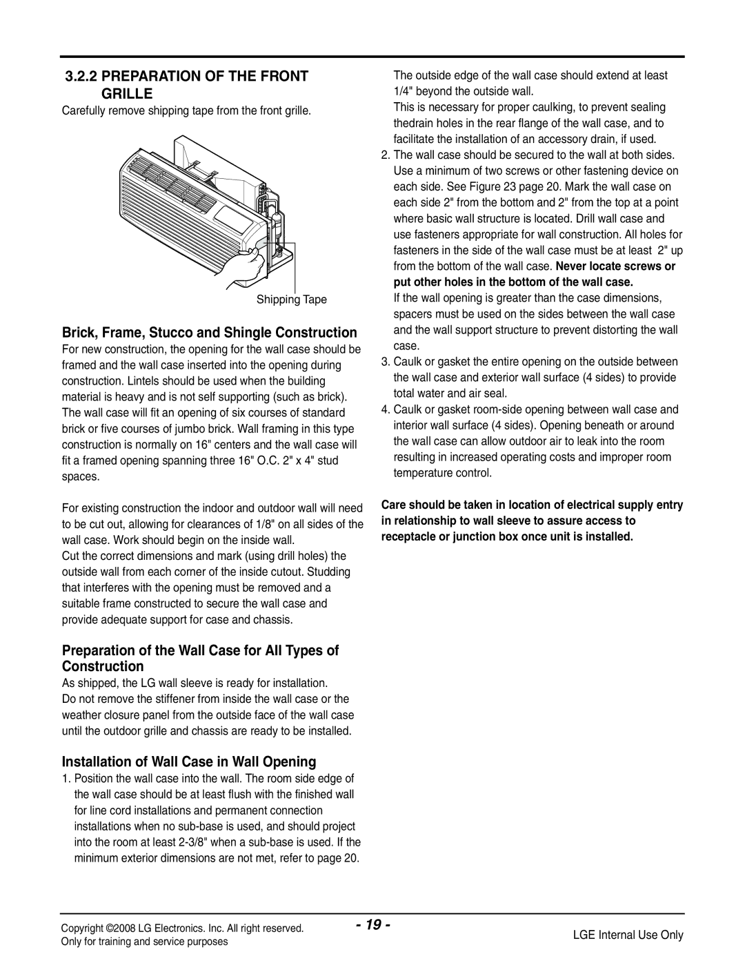 LG Electronics LP091CEM-Y8 Preparation of the Front Grille, Preparation of the Wall Case for All Types of Construction 