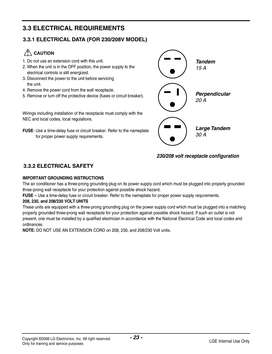 LG Electronics LP091CEM-Y8 manual Electrical Requirements, Electrical Data for 230/208V Model, Electrical Safety 