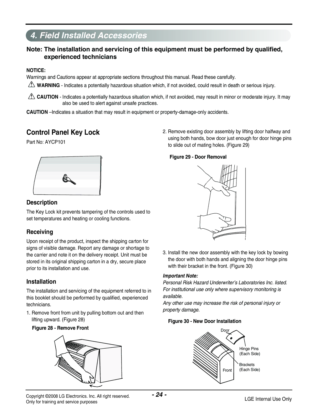 LG Electronics LP091CEM-Y8 manual Field Installed Accessories, Control Panel Key Lock, Description, Receiving, Installation 