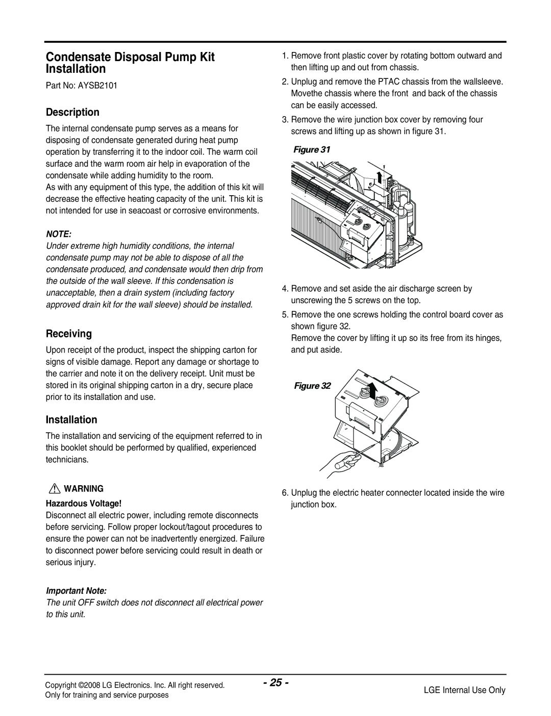 LG Electronics LP091CEM-Y8 manual Condensate Disposal Pump Kit Installation, Hazardous Voltage 