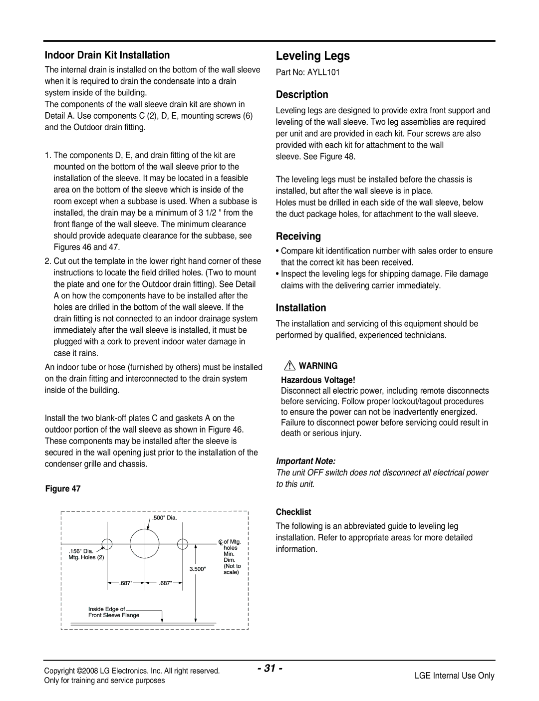 LG Electronics LP091CEM-Y8 manual Leveling Legs, Indoor Drain Kit Installation, Checklist 