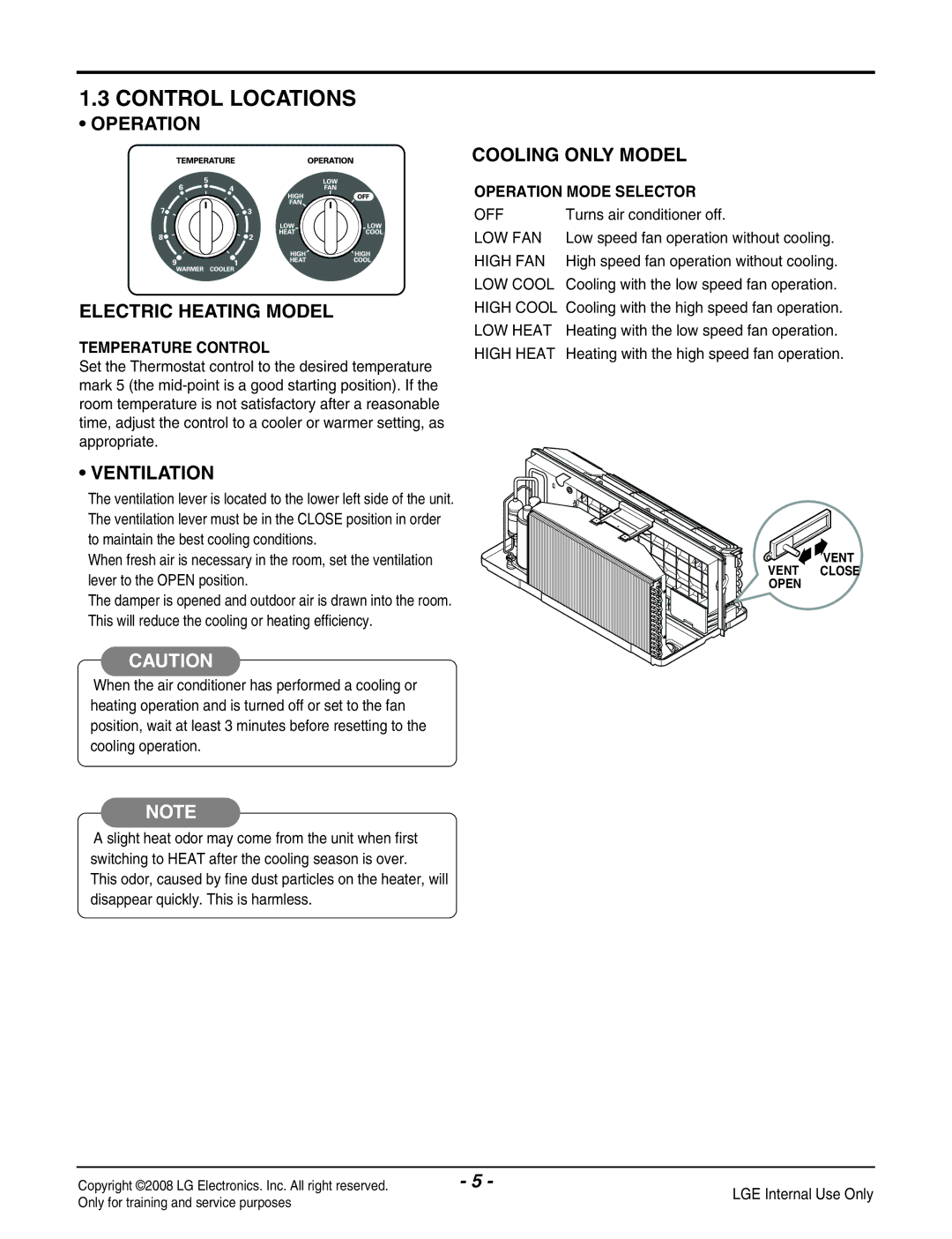 LG Electronics LP091CEM-Y8 manual Control Locations, Operation Electric Heating Model, Ventilation, Cooling only Model 