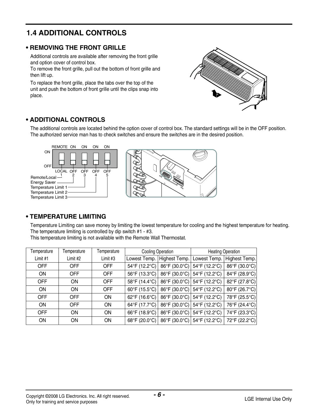 LG Electronics LP091CEM-Y8 manual Additional Controls, Removing the Front Grille, Temperature Limiting 