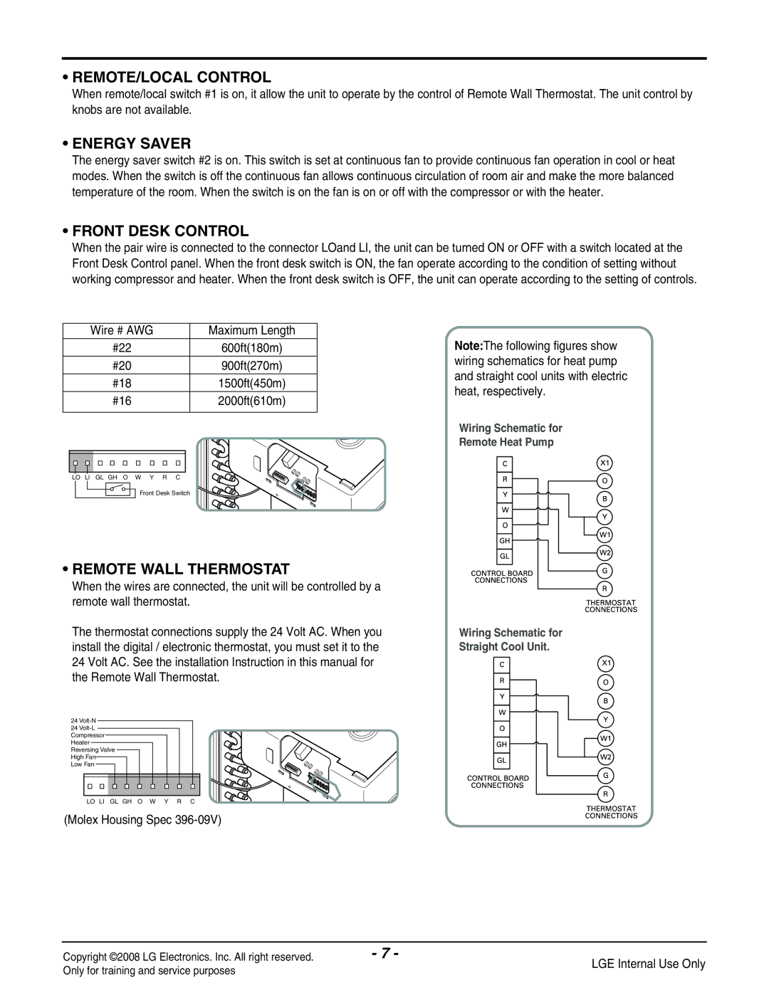 LG Electronics LP091CEM-Y8 manual REMOTE/LOCAL Control, Energy Saver, Front Desk Control, Remote Wall Thermostat 