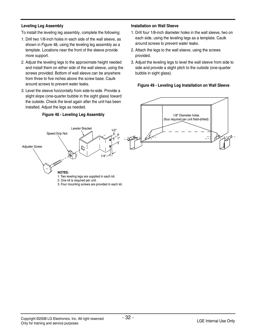 LG Electronics LP091HEM-Y8 manual Leveling Leg Assembly Installation on Wall Sleeve 