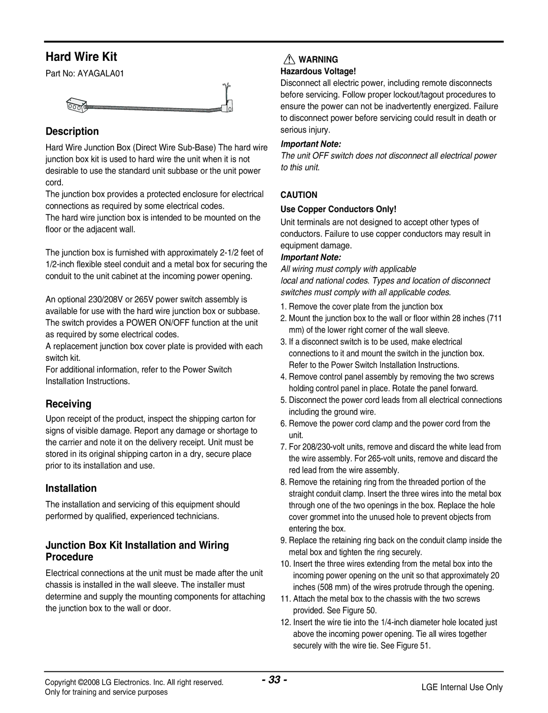 LG Electronics LP091HEM-Y8 manual Hard Wire Kit, Junction Box Kit Installation and Wiring Procedure, Part No AYAGALA01 