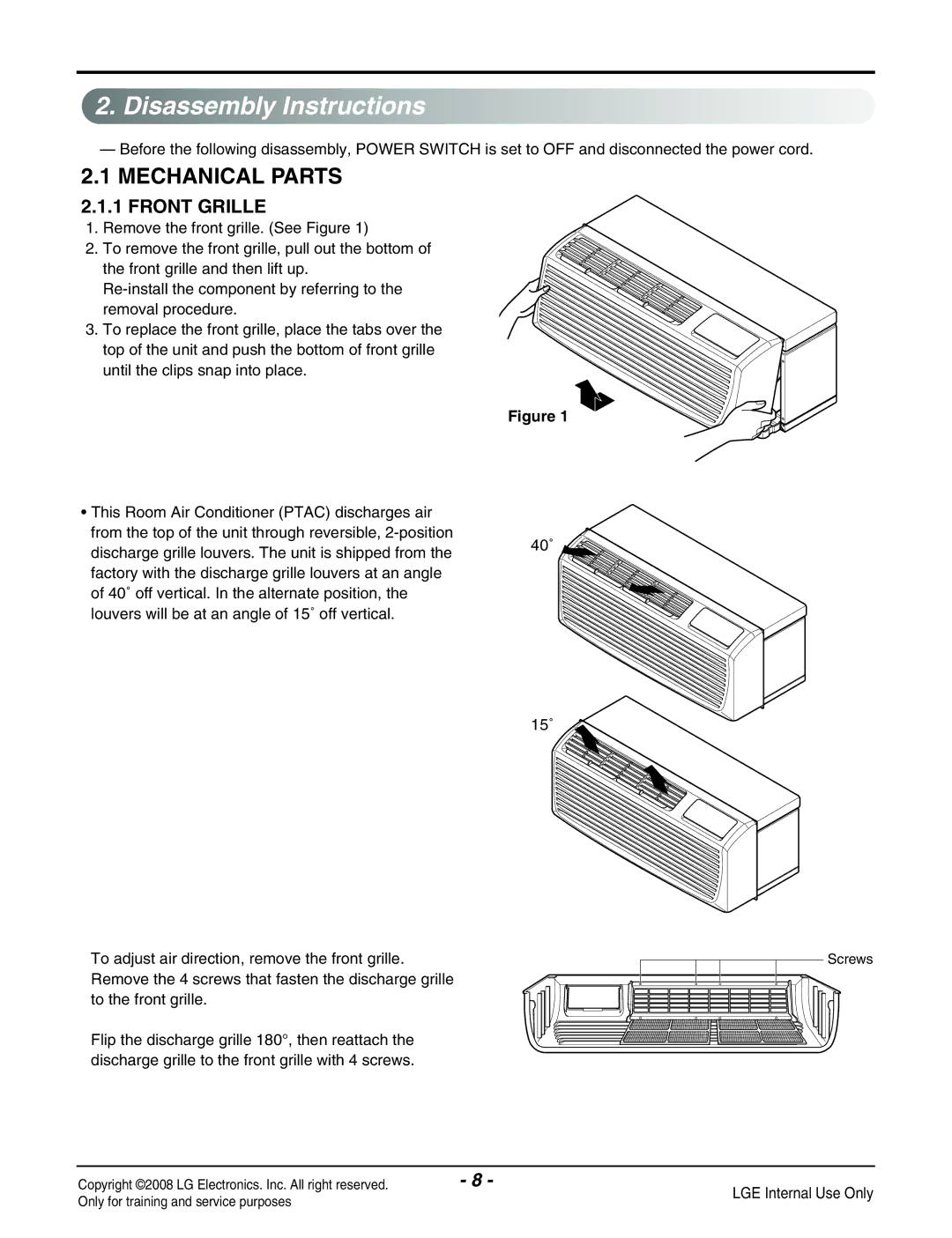 LG Electronics LP091HEM-Y8 manual Disassembly Instructions, Mechanical Parts, Front Grille 