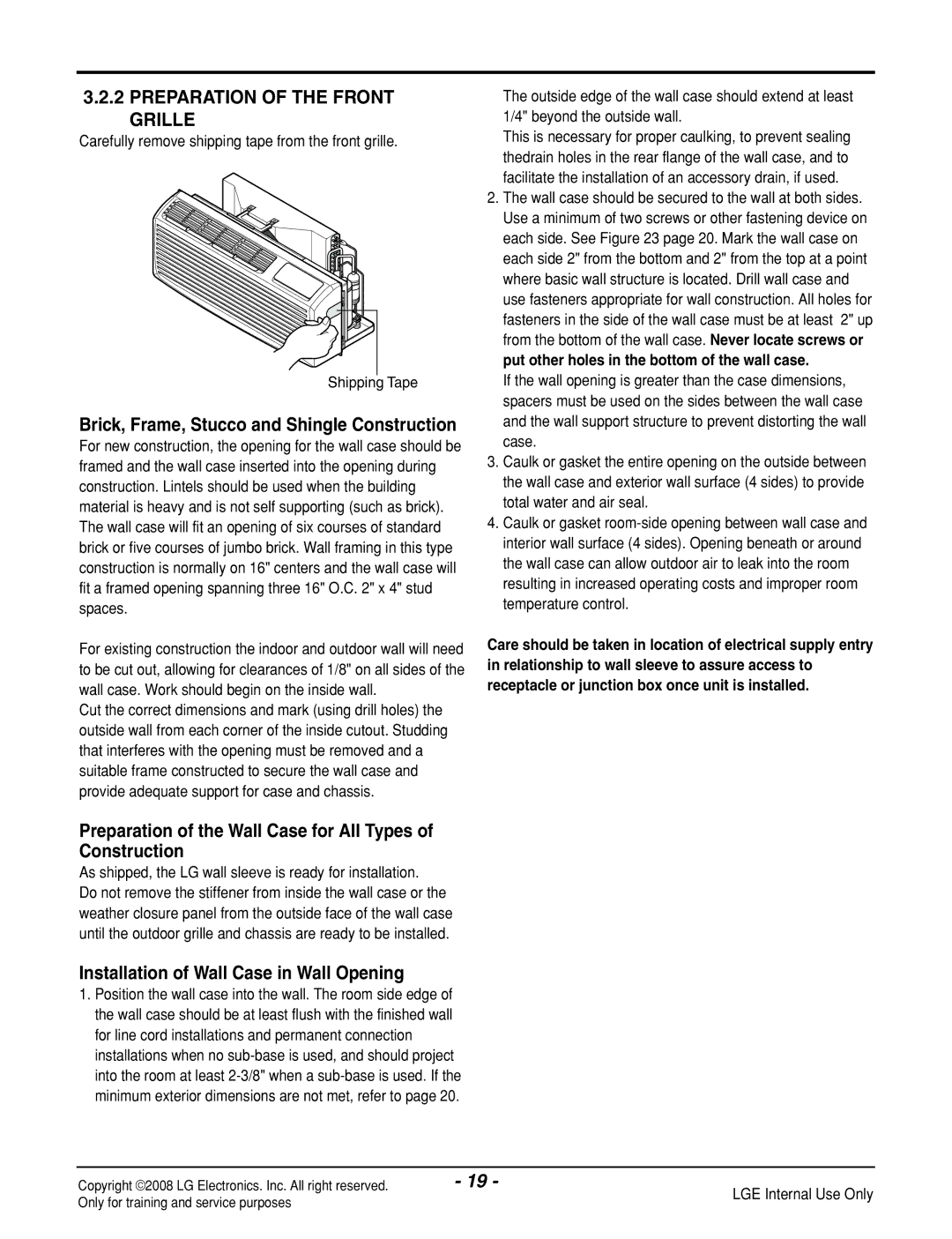 LG Electronics LP121CEM-Y8 Preparation of the Front Grille, Preparation of the Wall Case for All Types of Construction 