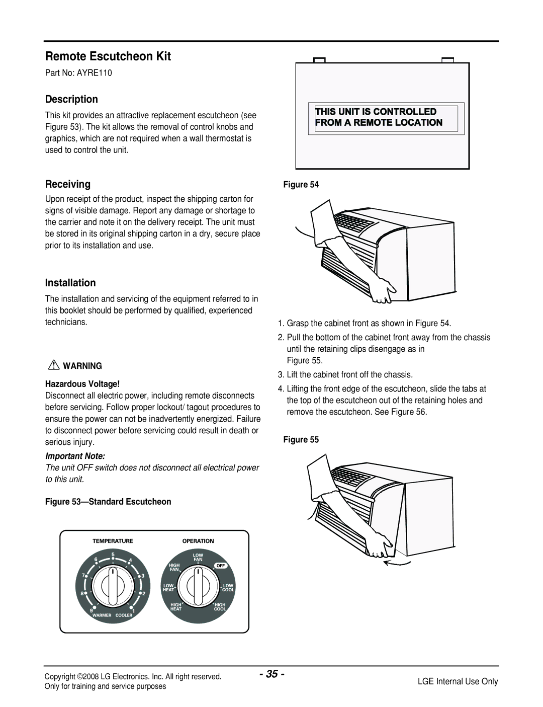 LG Electronics LP121CEM-Y8 manual Remote Escutcheon Kit, Standard Escutcheon 