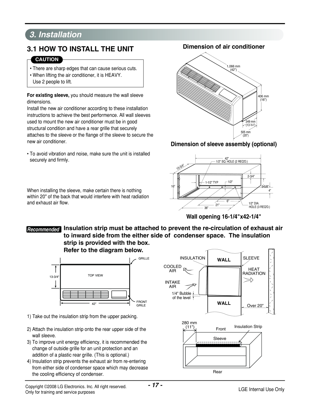 LG Electronics LP121CEM-Y8 Installation, How To Install The Unit, Dimension of air conditioner, Wall opening 16-1/4x42-1/4 