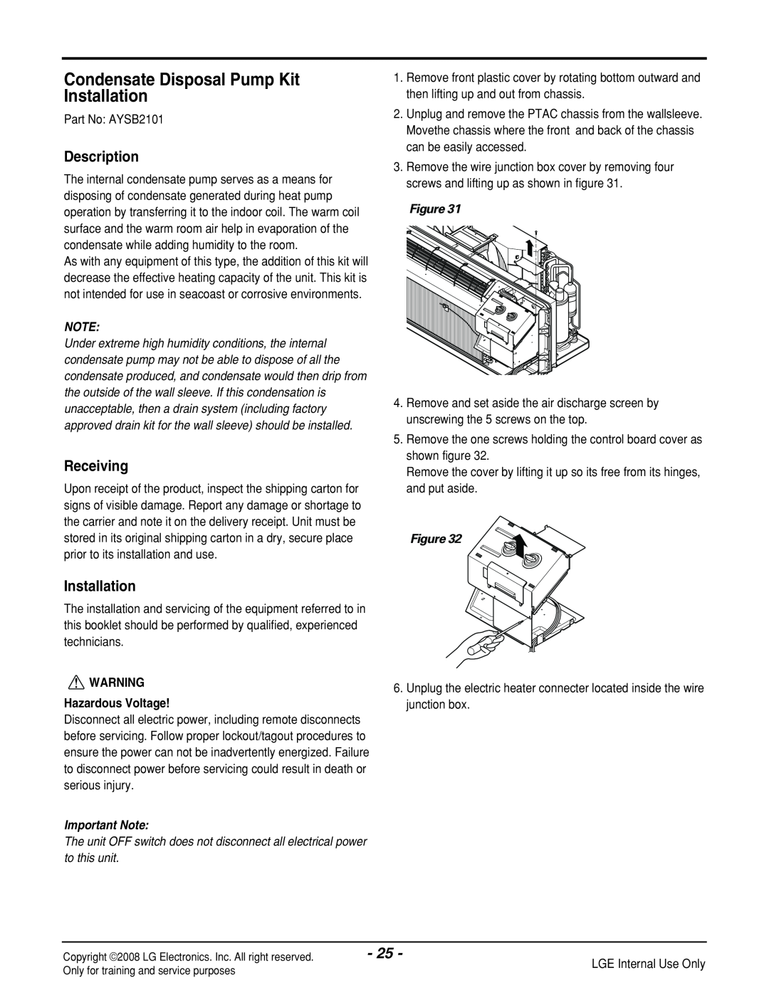 LG Electronics LP121CEM-Y8 manual Condensate Disposal Pump Kit Installation, Description, Receiving, Hazardous Voltage 